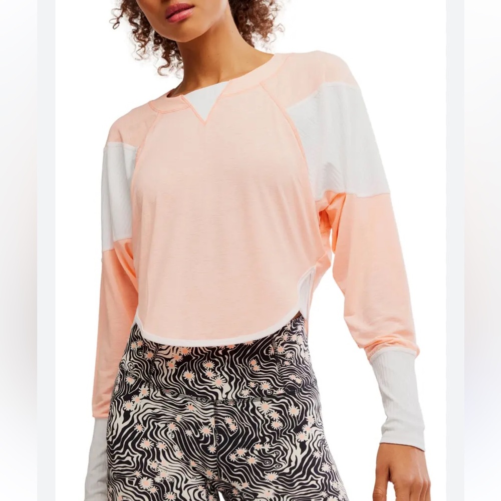 Free People Movement pink and white colorblocked long sleeve lightweight top